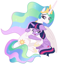 Size: 3200x3500 | Tagged: safe, alternate version, artist:cheezedoodle96, princess celestia, twilight sparkle, alicorn, pony, g4, horse play, .svg available, affection, apology, comforting, comforting twilight, crying, duo, female, floppy ears, forgiveness, high res, hug, mare, momlestia, momlestia fuel, motherly, reconciliation, remorse, sad, scene interpretation, simple background, sitting, svg, transparent background, twilight sparkle (alicorn), vector, winghug
