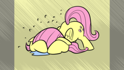 Size: 1920x1080 | Tagged: safe, artist:php47, artist:shoutingisfun, edit, fluttershy, pegasus, pony, g4, covering face, crying, face down ass up, female, floppy ears, folded wings, mare, puddle, simple background, solo, sweat, wallpaper, wallpaper edit