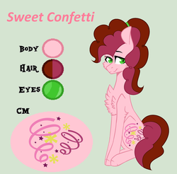 Size: 2461x2417 | Tagged: safe, artist:snowi-draws1997, oc, oc only, oc:sweet confetti, earth pony, pony, base used, chest fluff, female, green background, high res, mare, offspring, parent:cheese sandwich, parent:pinkie pie, parents:cheesepie, reference sheet, simple background, solo
