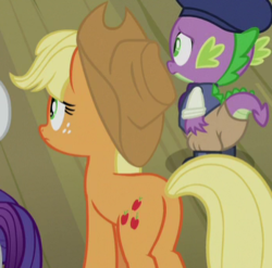 Size: 348x344 | Tagged: safe, screencap, applejack, spike, g4, horse play, butt, cropped, plot