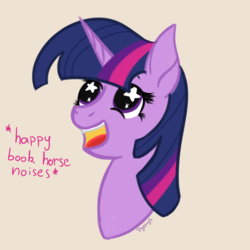 Size: 1181x1181 | Tagged: safe, artist:dyonys, twilight sparkle, pony, g4, book, bookhorse, bust, descriptive noise, female, happy, horse noises, simple background, smiling, solo, starry eyes, text, that pony sure does love books, wingding eyes