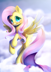 Size: 748x1058 | Tagged: safe, artist:rinsole, fluttershy, pegasus, pony, g4, cloud, cute, female, flying, looking at you, mare, on a cloud, shyabetes, sky, smiling, solo, spread wings, starry eyes, wingding eyes, wings