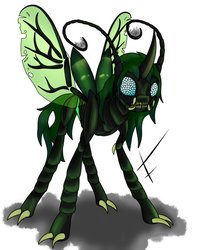 Size: 794x1006 | Tagged: safe, artist:fullmoondagger, oc, oc only, oc:evolioz, changeling, antennae, changeling oc, claws, compound eyes, mandibles, simple background, solo, white background