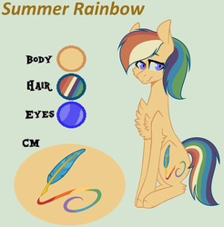 Size: 2303x2341 | Tagged: safe, artist:snowi-draws1997, oc, oc only, oc:summer rainbow, earth pony, pony, base used, chest fluff, female, green background, high res, mare, offspring, parent:quibble pants, parent:rainbow dash, parents:quibbledash, rainbow hair, reference sheet, simple background, solo