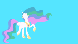 Size: 3840x2160 | Tagged: safe, artist:toastybrownpotatoes, princess celestia, alicorn, pony, g4, horse play, 4k, blue background, female, happy, high res, hooves, horn, lineless, mare, minimalist, prancing, simple background, solo, tippy taps, wallpaper, wings