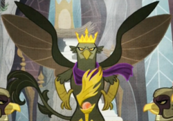 Size: 1108x777 | Tagged: safe, screencap, king grover, griffon, g4, the lost treasure of griffonstone, clothes, cropped, crown, crown of grover, history of griffonstone, idol of boreas, jewelry, looking at you, male, regalia, scarf, solo focus, spread wings, wings