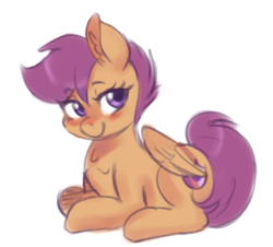 Size: 532x480 | Tagged: safe, artist:mrscurlystyles, derpibooru exclusive, scootaloo, pegasus, pony, g4, blushing, cute, cutealoo, ear fluff, female, filly, lidded eyes, lying down, prone, simple background, solo, the cmc's cutie marks, white background