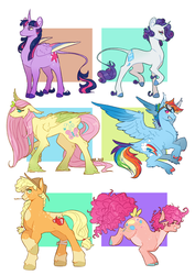 Size: 2893x4092 | Tagged: safe, artist:roscoethepotatoman, applejack, fluttershy, pinkie pie, rainbow dash, rarity, twilight sparkle, alicorn, earth pony, pegasus, pony, unicorn, g4, alternate hairstyle, bow, braid, colored hooves, colored wings, cowboy hat, curved horn, ear fluff, eyes closed, female, goggles, hair bow, hat, horn, leonine tail, looking at you, mane six, mare, redesign, smiling, twilight sparkle (alicorn), unshorn fetlocks