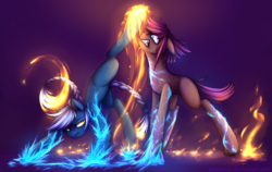 Size: 1024x646 | Tagged: safe, artist:jadekettu, oc, oc only, pony, female, fight, fire, gritted teeth, ice, looking back, purple background, serious, serious face, simple background