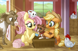 Size: 1024x667 | Tagged: safe, artist:kellythedrawinguni, angel bunny, applejack, fluttershy, winona, chicken, cow, dog, earth pony, pegasus, pony, g4, alternate hairstyle, bandage, barn, caring, cowboy hat, female, first aid kit, freckles, hat, injured, mare, ponytail, stetson