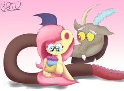 Size: 3000x2200 | Tagged: safe, artist:bronybehindthedoor, discord, fluttershy, g4, bouquet, disembodied hand, female, hand, high res, male, ship:discoshy, shipping, straight