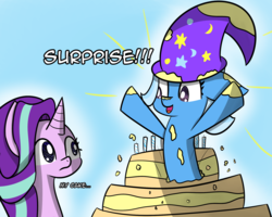 Size: 2051x1640 | Tagged: safe, artist:artiks, starlight glimmer, trixie, pony, unicorn, g4, blue background, cake, clothes, dialogue, duo, duo female, female, food, hat, simple background, surprised, trixie's hat