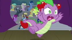 Size: 1280x720 | Tagged: safe, screencap, berry punch, berryshine, blues, coco crusoe, dark moon, fancypants, fleur-de-lis, graphite, junebug, millie, noteworthy, princess luna, rainbow stars, rainbowshine, spike, sunshower raindrops, alicorn, dragon, earth pony, pegasus, pony, unicorn, g4, horse play, angry, audience, booing, claws, female, food, funny, horn, humiliation, impatient, male, mare, meme template, spikeabuse, stallion, tomato, tomatoes