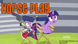 Size: 1280x719 | Tagged: safe, edit, edited screencap, screencap, spike, twilight sparkle, alicorn, dragon, pony, g4, horse play, beret, chair, clothes, director's chair, duo, episode followup, female, hat, male, mare, megaphone, necktie, shocked, shoes, suit, twilight sparkle (alicorn)