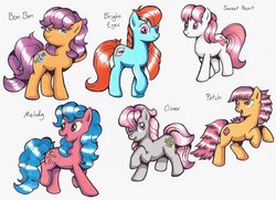 Size: 800x578 | Tagged: safe, artist:innudoggy, bon bon (g1), bright eyes, clover (g1), melody, patch (g1), sweetheart, earth pony, pony, g1, g4, my little pony tales, base used, cast, female, g1 to g4, generation leap