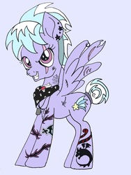 Size: 3024x4032 | Tagged: safe, artist:icicle-niceicle-1517, artist:sparkleshadow, color edit, edit, cloudchaser, dragon, pegasus, pony, snake, g4, alternate hairstyle, alternate universe, bandana, blue background, collaboration, colored, dog tags, ear piercing, earring, eye scar, female, jewelry, mare, necklace, nose piercing, piercing, scar, short tail, simple background, solo, spider web, tail wrap, tattoo, wing piercing