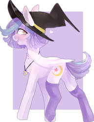 Size: 1024x1330 | Tagged: safe, artist:erinartista, oc, oc only, oc:shylu, pegasus, pony, clothes, female, hat, mare, socks, solo, witch hat