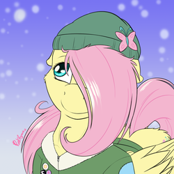 Size: 2000x2000 | Tagged: safe, artist:punk-pegasus, fluttershy, pegasus, pony, g4, beanie, brony stereotype, clothes, cute, female, floppy ears, folded wings, hair over one eye, hat, high res, jacket, looking away, looking up, mare, shyabetes, smiling, snow, solo