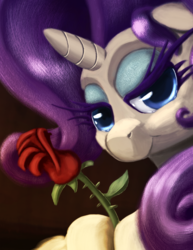 Size: 1351x1750 | Tagged: safe, alternate version, artist:noctomaeus, rarity, pony, g4, bedroom eyes, bust, female, flower, looking at you, mare, portrait, rose, solo