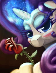 Size: 1351x1750 | Tagged: safe, alternate version, artist:noctomaeus, rarity, pony, g4, bedroom eyes, blushing, bust, female, flower, looking at you, magic, mare, portrait, rose, solo
