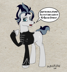 Size: 1800x1950 | Tagged: safe, artist:skydiggitydive, snow hope, earth pony, pony, fake it 'til you make it, g4, dialogue, male, my chemical romance, simple background, solo, speech bubble, stallion, the black parade