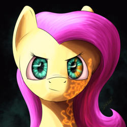 Size: 2105x2105 | Tagged: safe, artist:shaliwolf, fluttershy, pegasus, pony, g4, bust, female, glowing, gradient background, high res, looking at you, mare, portrait, simple background, solo