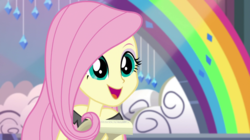 Size: 1280x718 | Tagged: safe, screencap, fluttershy, equestria girls, equestria girls specials, g4, my little pony equestria girls: dance magic, cute, female, happy, open mouth, rainbow, shyabetes, solo