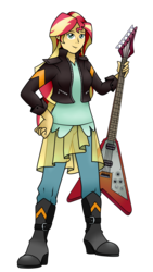 Size: 2680x4739 | Tagged: safe, artist:applewoodart, sunset shimmer, equestria girls, g4, boots, clothes, female, guitar, jacket, shoes, simple background, smiling, solo, transparent background
