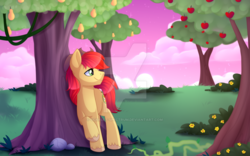 Size: 900x561 | Tagged: safe, artist:scarlet-spectrum, bright mac, earth pony, pony, g4, apple tree, male, obtrusive watermark, pear tree, smiling, solo, stallion, tree, watermark