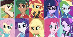 Size: 1908x974 | Tagged: safe, editor:php77, applejack, captain celaeno, fluttershy, pinkie pie, rainbow dash, rarity, sci-twi, starlight glimmer, sunset shimmer, timber spruce, twilight sparkle, equestria girls, g4, my little pony: the movie, eqg promo pose set, geode of fauna, geode of shielding, geode of sugar bombs, geode of super speed, geode of super strength, geode of telekinesis, humane five, humane seven, humane six, magical geodes, one of these things is not like the others