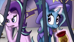 Size: 1280x720 | Tagged: safe, artist:thebadgrinch, starlight glimmer, trixie, pony, unicorn, g4, my little pony: the movie, cage, cape, captured, clothes, cropped, duo, food, hat, pretzel, trixie's cape, trixie's hat