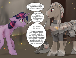 Size: 2640x2040 | Tagged: safe, artist:silfoe, twilight sparkle, oc, oc:colonel ironheart, alicorn, earth pony, pony, royal sketchbook, g4, armor, dialogue, duo, female, fire, helmet, high res, male, mare, royal guard, speech bubble, stallion, talking, twilight sparkle (alicorn), wings, wings down