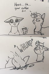 Size: 1280x1920 | Tagged: safe, artist:greyscaleart, oc, oc only, oc:tim, pony, :p, coffee, comic, dilated pupils, silly, tongue out, traditional art