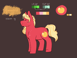 Size: 1600x1200 | Tagged: safe, artist:sapphireshy, oc, oc only, oc:honeygold, earth pony, pony, brown background, female, freckles, mare, offspring, parent:big macintosh, parent:fluttershy, parents:fluttermac, reference sheet, simple background, solo