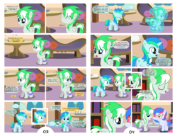 Size: 2730x2101 | Tagged: safe, artist:cyanlightning, oc, oc only, oc:azure lightning, oc:cyan lightning, oc:emerald lightning, pegasus, pony, unicorn, comic:summer colors, comic:summer colors: the starting point, g4, book, bookshelf, boop, brother and sister, carpet, clothes, colt, comic, cup, cupcake, female, filly, food, glasses, high res, levitation, magic, male, scarf, sleeping, speech bubble, table, tea, teacup, teapot, telekinesis, television, vector, window, yawn