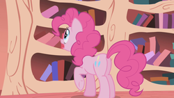 Size: 1280x720 | Tagged: safe, screencap, pinkie pie, earth pony, pony, friendship is magic, g4, butt, female, golden oaks library, looking away, mare, open mouth, plot, raised hoof, rear view, solo