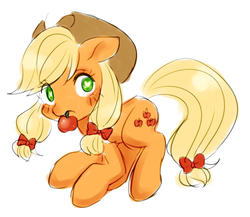 Size: 782x679 | Tagged: safe, artist:shusu, applejack, earth pony, pony, g4, alternate hairstyle, apple, blushing, bow, cowboy hat, female, food, hair bow, hat, heart eyes, mouth hold, simple background, solo, white background, wingding eyes