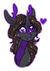 Size: 849x1200 | Tagged: safe, artist:australian-senior, oc, oc only, oc:juliet invictus, alicorn, dracony, hybrid, kirin, pony, kirindos, :p, alternate universe, antlers, bust, colored sclera, heart, purple eyes, scales, silly, simple background, solo, tongue out, transparent background