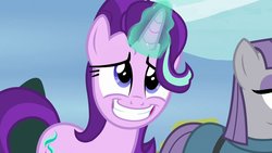 Size: 1200x675 | Tagged: safe, screencap, maud pie, starlight glimmer, earth pony, pony, unicorn, g4, the maud couple, blue eyes, cute, cutie mark, female, glimmerbetes, glowing horn, grin, hair flip, hair over one eye, horn, magic, mare, nervous, nervous smile, smiling