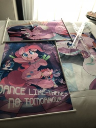 Size: 4032x3024 | Tagged: safe, artist:dshou, dj pon-3, pacific glow, pinkie pie, starlight glimmer, twilight sparkle, vinyl scratch, g4, babscon 2018, clothes, dancing, glowstick, irl, one-piece swimsuit, photo, swimsuit, wall scroll