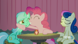 Size: 1366x768 | Tagged: safe, screencap, bon bon, lyra heartstrings, pinkie pie, sweetie drops, earth pony, pony, unicorn, g4, the maud couple, candle, discovery family logo, embrace, faic, female, hug, lip bite, table, trio, trio female