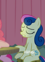 Size: 555x768 | Tagged: safe, screencap, bon bon, pinkie pie, sweetie drops, g4, the maud couple, candle, discovery family logo, faic, female, lip bite, not what it looks like, out of context, stool, table