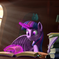 Size: 415x415 | Tagged: safe, artist:stratodraw, twilight sparkle, alicorn, pony, g4, book, commission, female, glowing horn, golden oaks library, horn, magic, mare, quill, smiling, that pony sure does love books, twilight sparkle (alicorn)