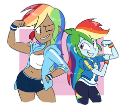 Size: 1319x1131 | Tagged: safe, artist:drawbauchery, rainbow dash, human, equestria girls, g4, my little pony equestria girls: better together, armband, belly button, board shorts, clothes, dark skin, duality, female, hoodie, human paradox, humanized, midriff, multicolored hair, muscles, one eye closed, role reversal, self paradox, shirt, shorts, simple background, smiling, sweater, tank top, wink