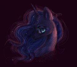 Size: 1582x1382 | Tagged: safe, artist:sarkarozka, princess luna, alicorn, pony, g4, bust, ethereal mane, female, horn, lidded eyes, looking at you, mare, missing accessory, portrait, profile, simple background, solo, starry mane