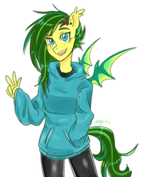 Size: 1009x1200 | Tagged: safe, artist:kaikururu, oc, oc only, bat pony, anthro, anthro oc, bat pony oc, clothes, female, hoodie, mare, open mouth, pants, simple background, smiling, solo