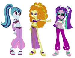 Size: 760x589 | Tagged: safe, artist:haleyc4629, artist:selenaede, adagio dazzle, aria blaze, sonata dusk, equestria girls, g4, bandeau, belly button, belly dancer, belly dancer outfit, eyeshadow, female, harem outfit, harem pants, loincloth, makeup, midriff, saddle arabian outfit, sandals, shoulderless, simple background, singing belly dancing rainbooms, sleeveless, the dazzlings, white background