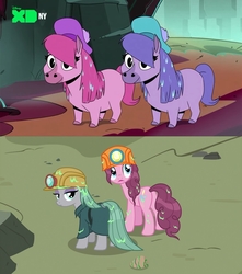 Size: 1022x1154 | Tagged: safe, edit, edited screencap, screencap, maud pie, pinkie pie, earth pony, horse, kelpie, pony, g4, rock solid friendship, bramble (ducktales), briar (ducktales), butt, comparison, disney, disney xd, drool, ducktales, ducktales 2017, female, helmet, mare, mining helmet, not pinkie pie, not twilight sparkle, plot, pony reference, spoilers for another series, tail hole, wet fur, wet mane