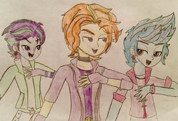 Size: 1024x701 | Tagged: safe, artist:animeshipper123, adagio dazzle, aria blaze, sonata dusk, equestria girls, g4, my little pony equestria girls: rainbow rocks, allegro amoroso, bracelet, ear piercing, earring, equestria guys, jewelry, male, necklace, ouvertis grandioso, piercing, rule 63, scherzo lesto, the blindings, traditional art