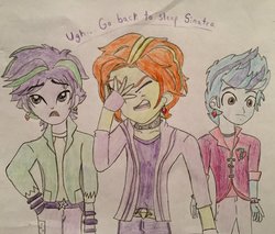 Size: 1024x874 | Tagged: safe, artist:animeshipper123, adagio dazzle, aria blaze, sonata dusk, equestria girls, g4, my little pony equestria girls: rainbow rocks, adagio cringedazzle, allegro amoroso, equestria guys, male, ouvertis grandioso, rule 63, scene interpretation, scherzo lesto, starenata, the blindings, the dazzlings, traditional art